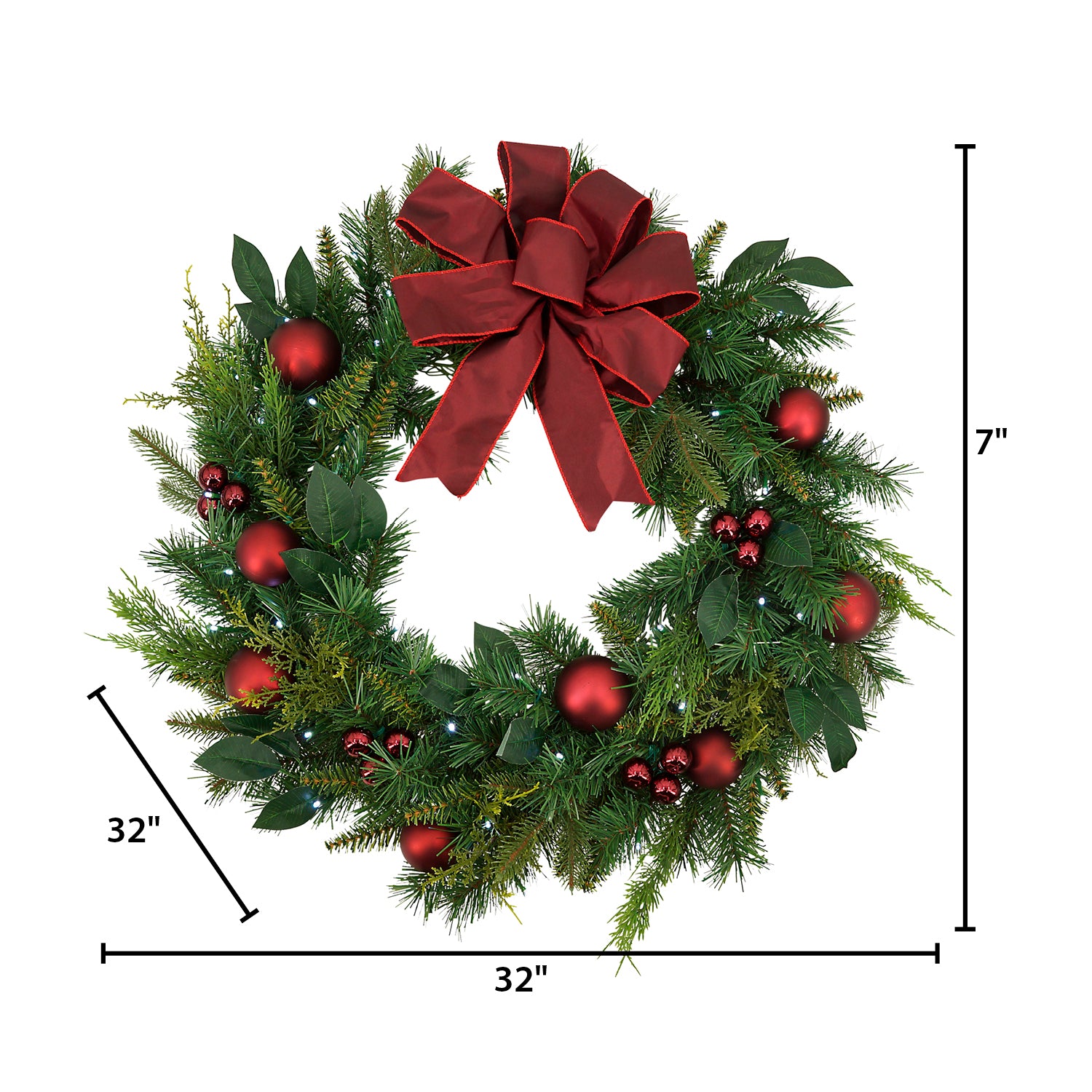 32 in Holiday Cedar Wreath with Red Bow and Christmas Ornaments